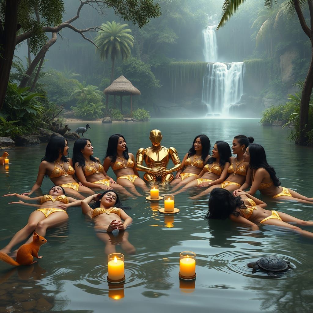 Hyperrealistic Scene of Women and Robot in Tropical Paradise