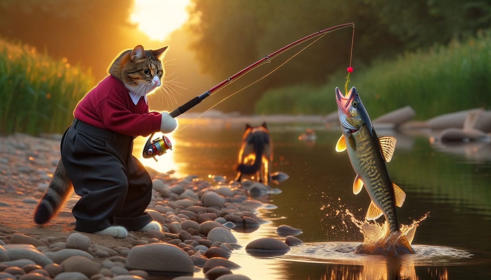 Bipedal Cat Battles Walleye in Sunset Stream