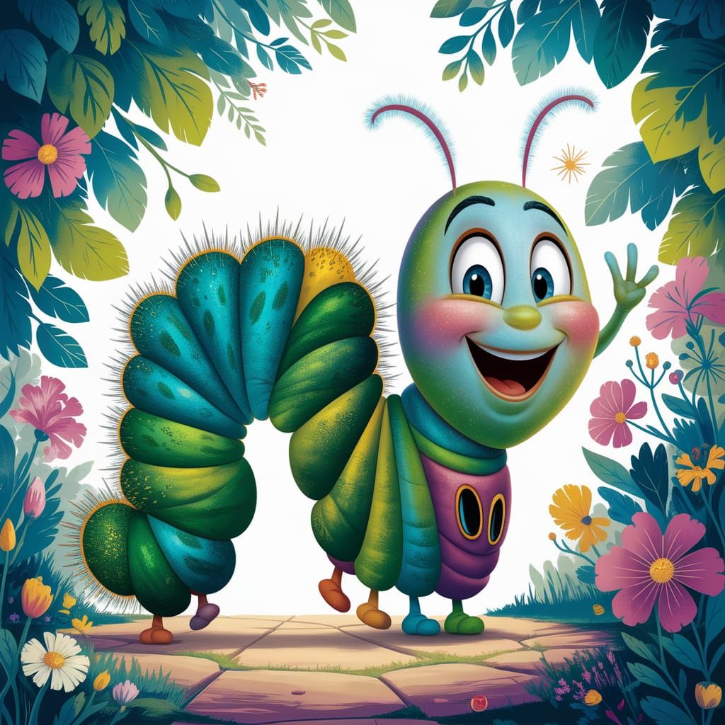 Delighted Caterpillar in Disney-Pixar Cartoon Style