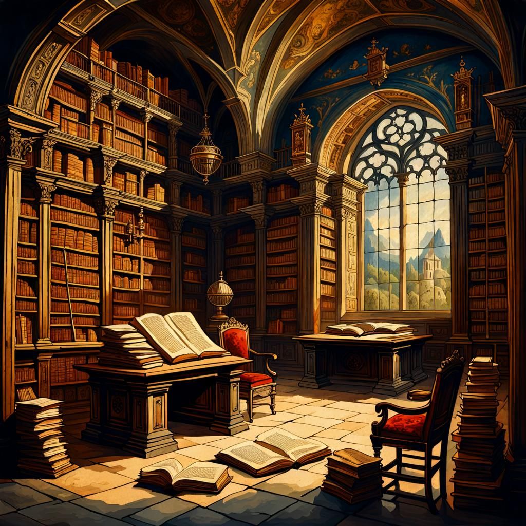 Baroque Library with Scholars in Gothic Style