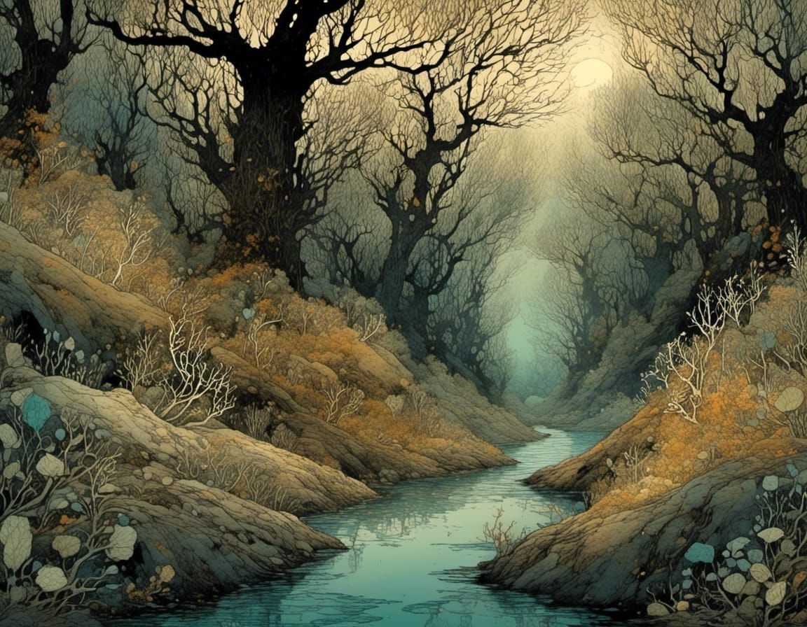 Intricate River Valley in Polychromous Style