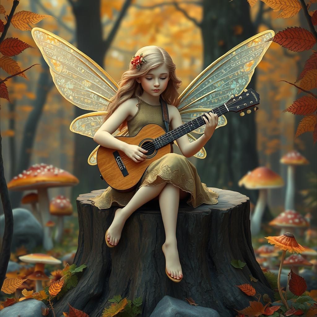 Fairy Maiden Plays Guitar in Autumn Mushroom Forest