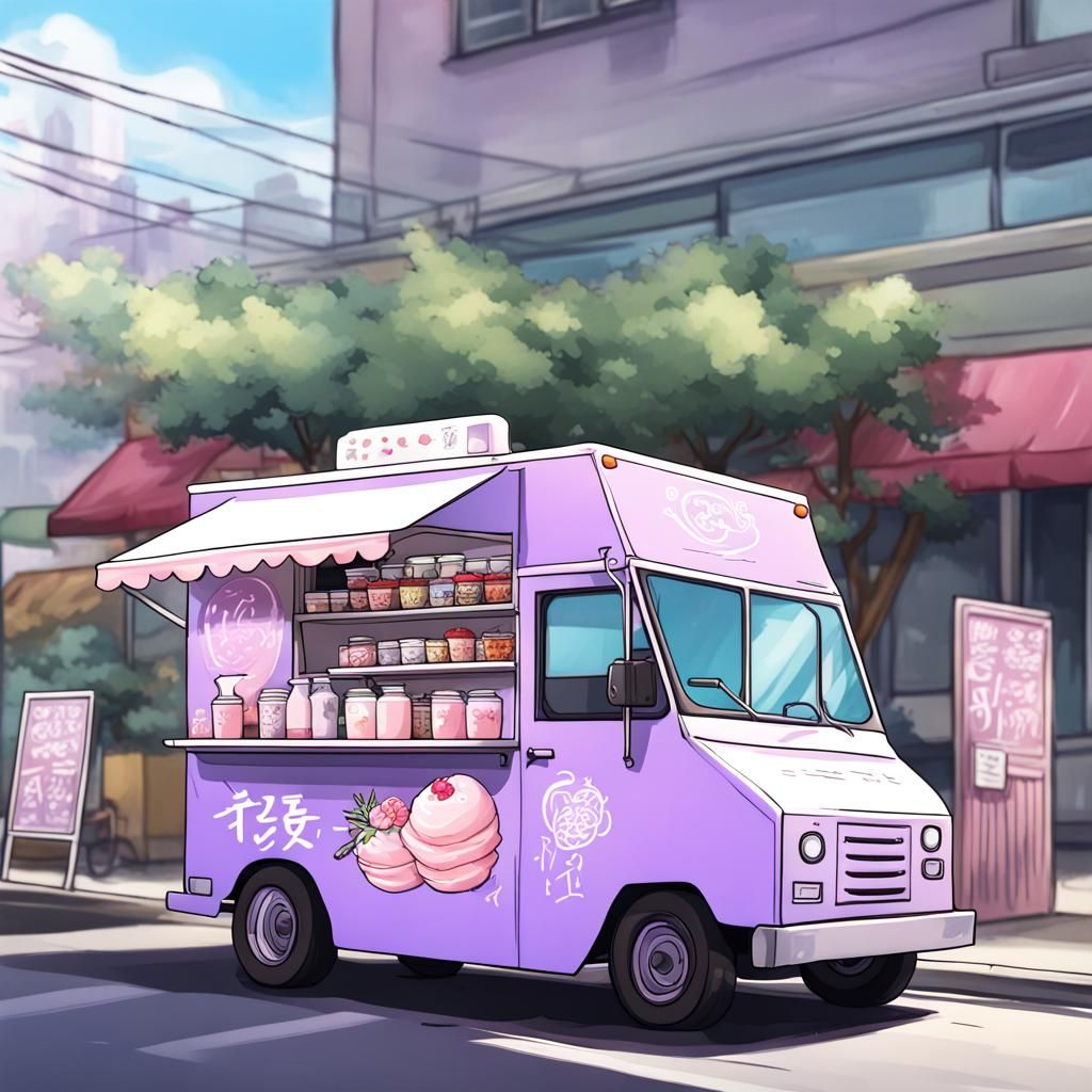 Lavender Boba Tea Truck in Anime Style