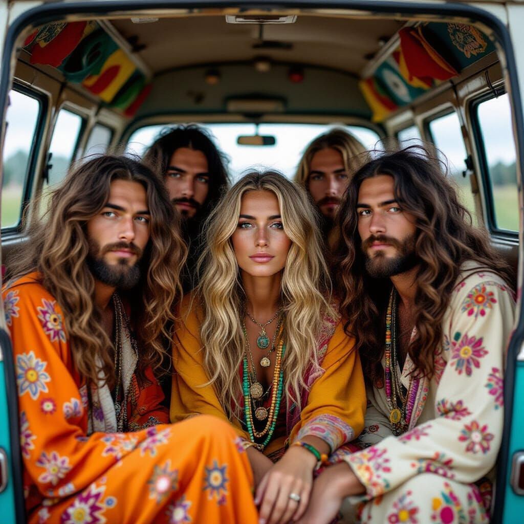 Psychedelic 1969 Love Van with Hippies and Hare Krishnas