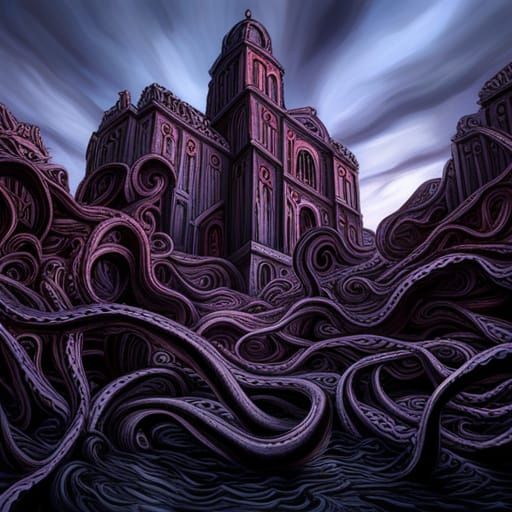 Lovecraftian Cathedral Engulfed by Tentacles in Hyperrealism