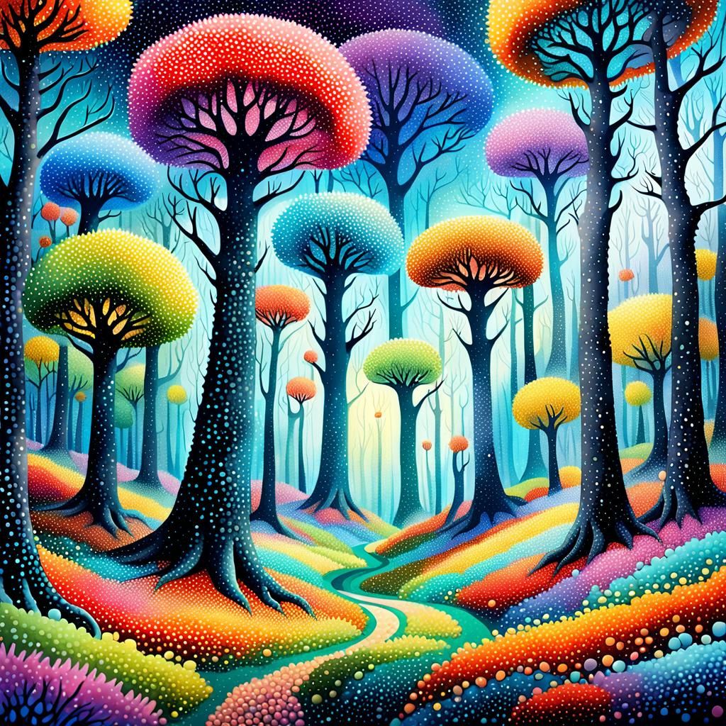 Pointillist Forest Landscape with Seuss-like Trees