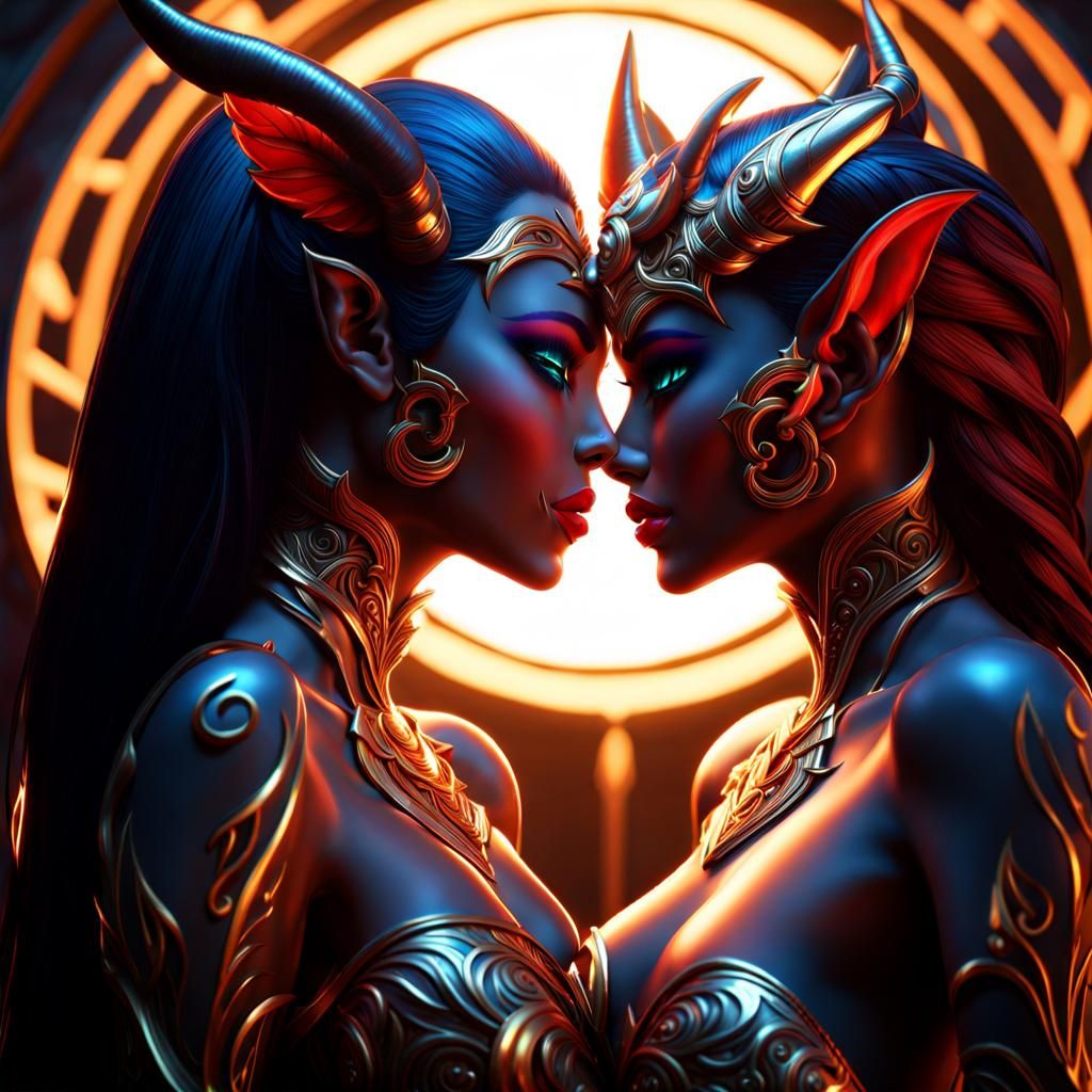 Romantic Kiss Between Two Demon Night Elves