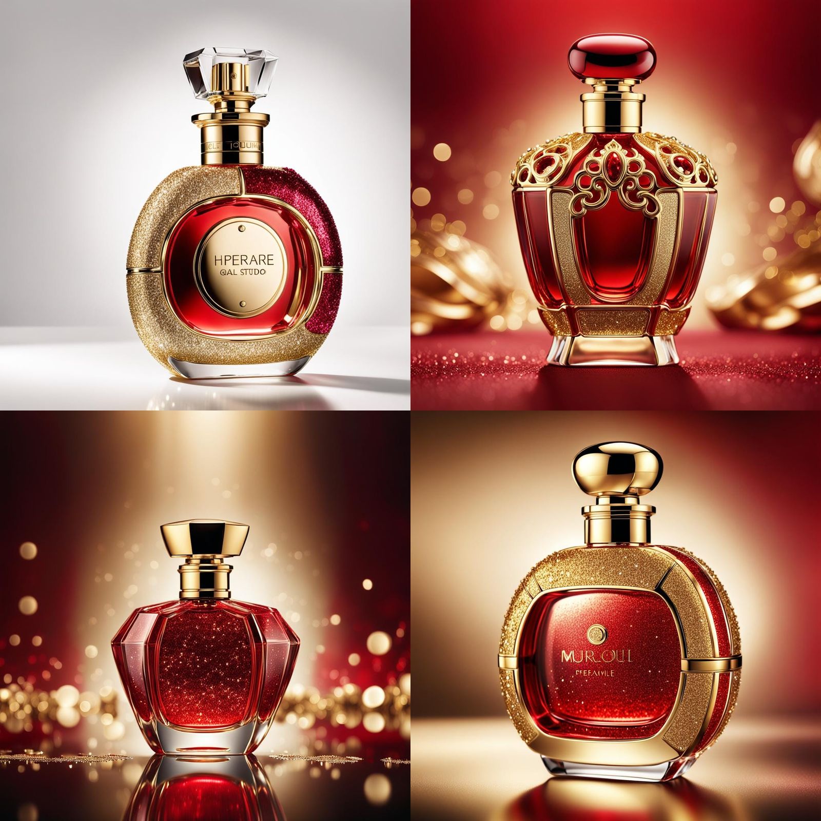 Chic Gold Perfume Bottle with Glittering Red Accents