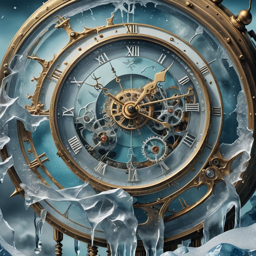 Surreal Frozen Clock in Dreamlike Still Life