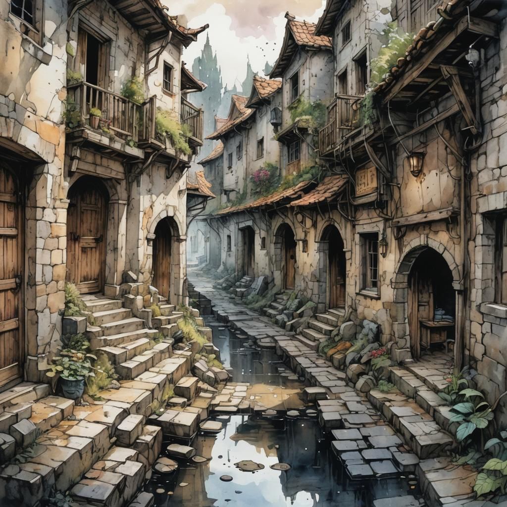 Abandoned Village: Fantasy Concept Art in Watercolor