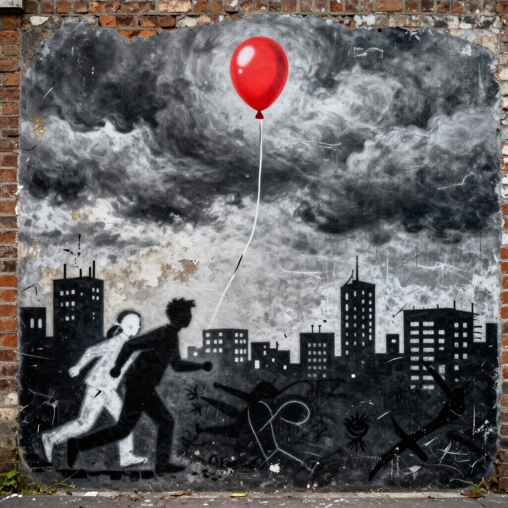Chalk Mural of Desolate Cityscape with Red Balloon