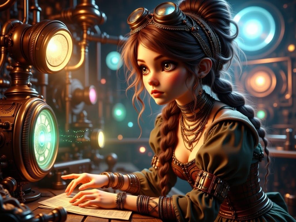 Steampunk Lady Doctor in Victorian-Inspired Attire Operates....