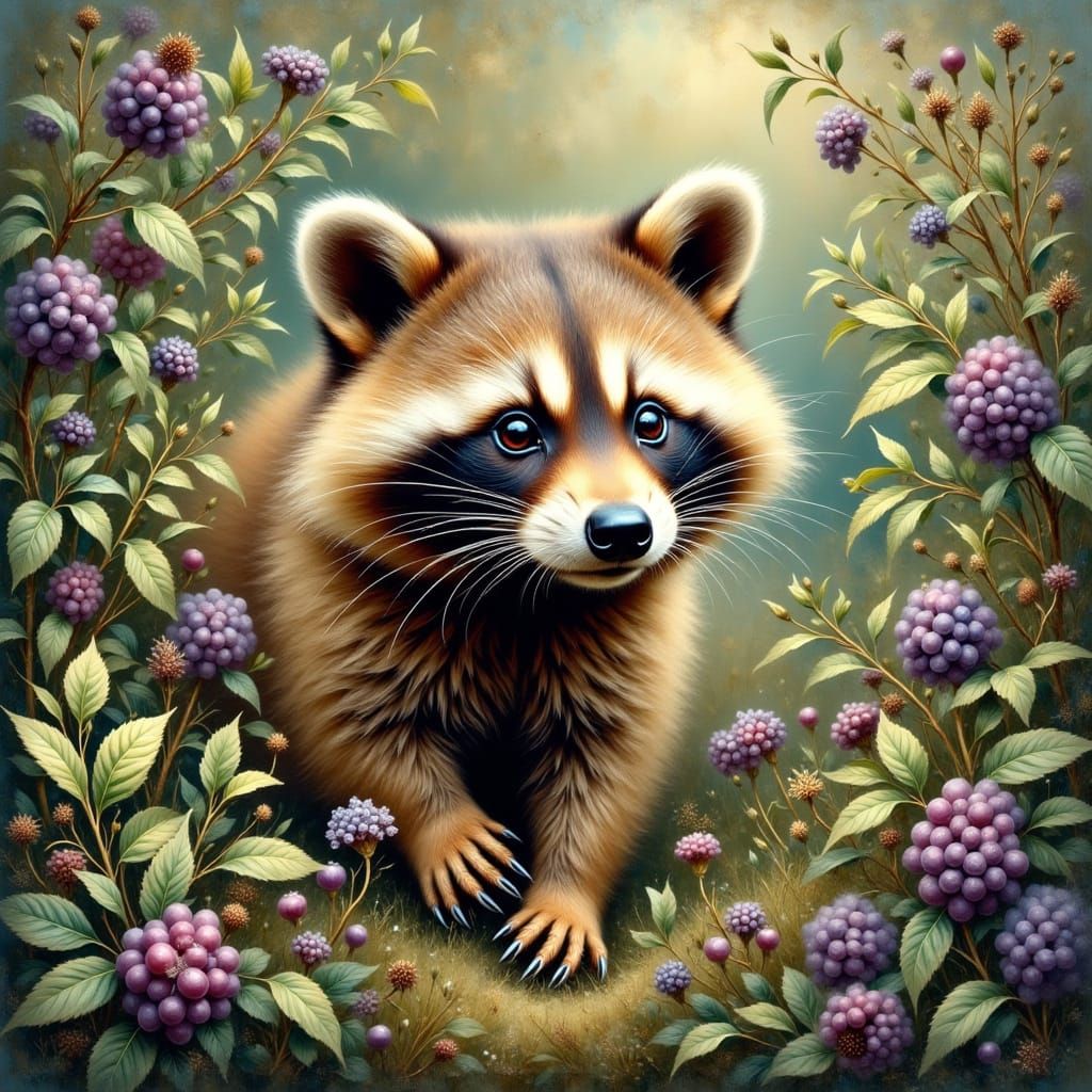 Raccoon in Berry Patch, Whimsical Art