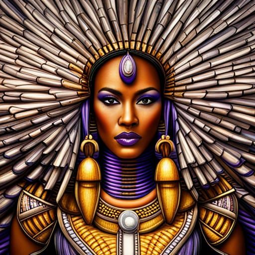 Lisa Raye as Black Female Egyptian Zulu Warrior Queen, painted white trimmed in purple and gold cybernetics symmetrical ...