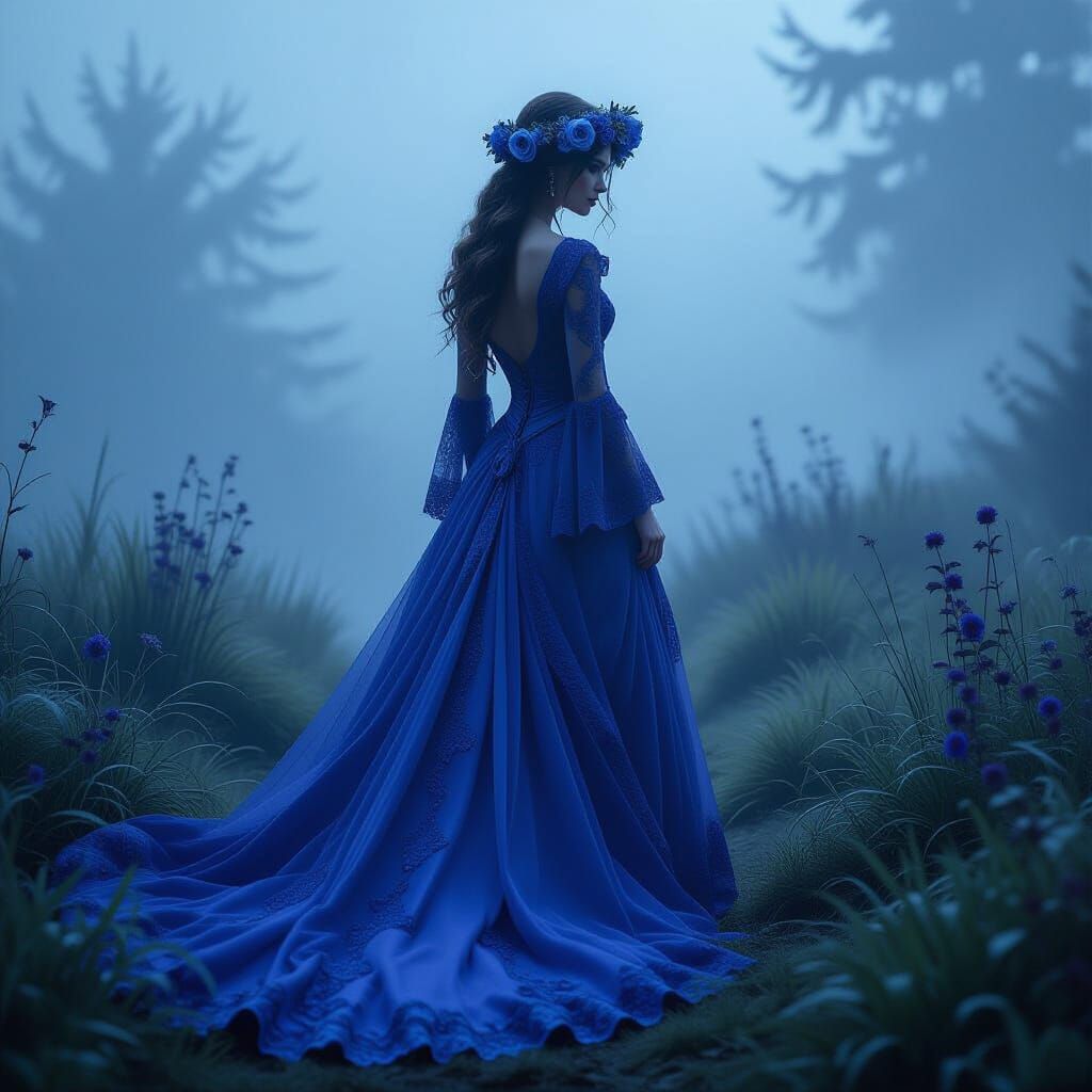 Gothic Maiden in Eerie, Misty Landscape