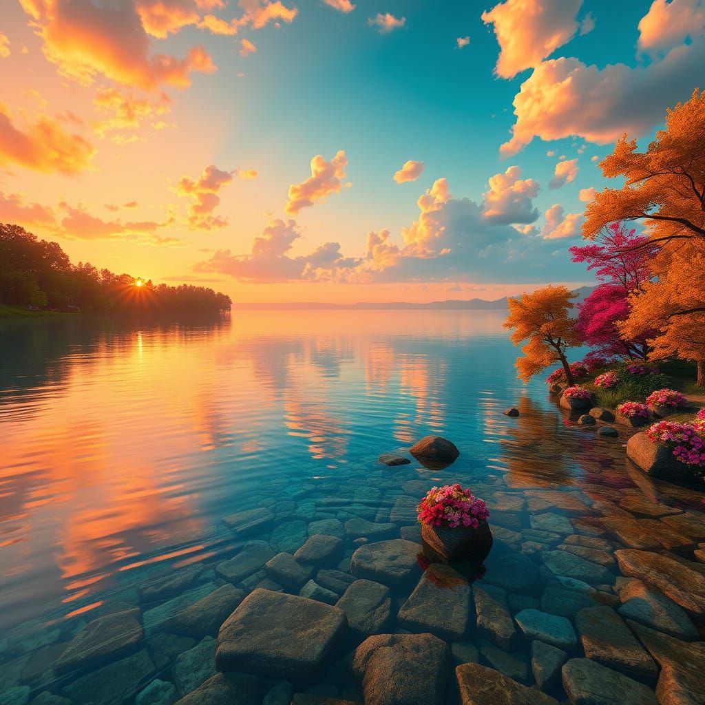 Serene Lake Sunset with Vibrant Trees and Ethereal Glow