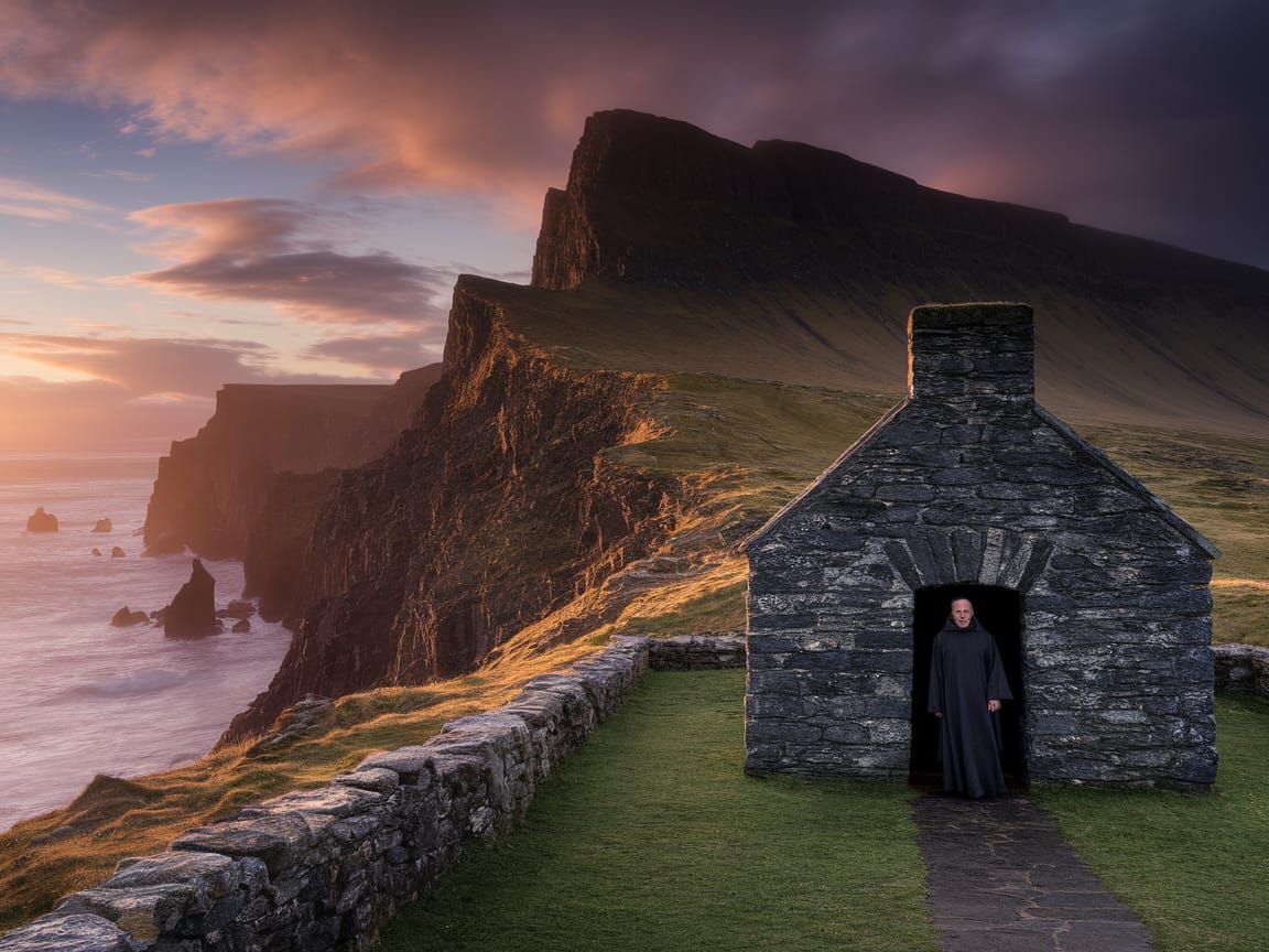 Dawn on Iona: Monks Amidst Scotland's Rugged Coast in 997 AD
