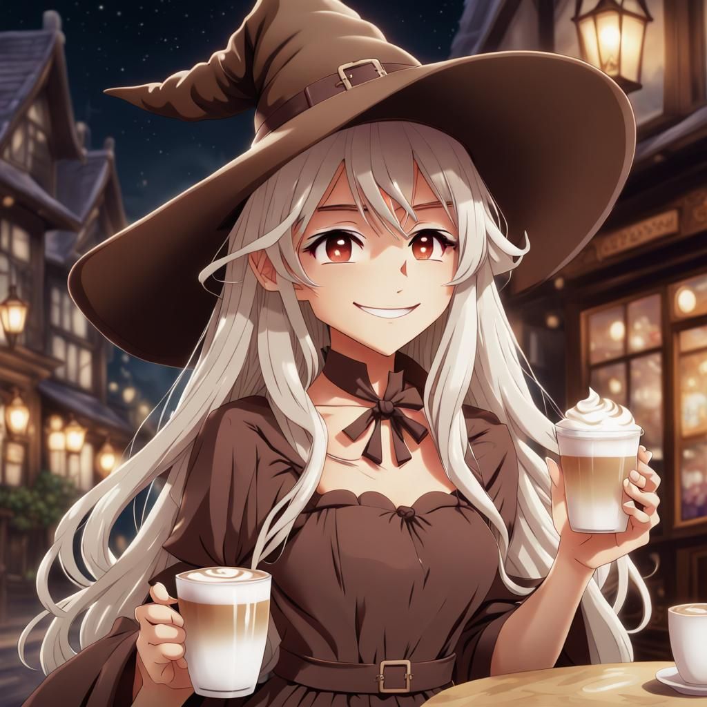 Anime Girl with Latte, Brown Skin, White Hair