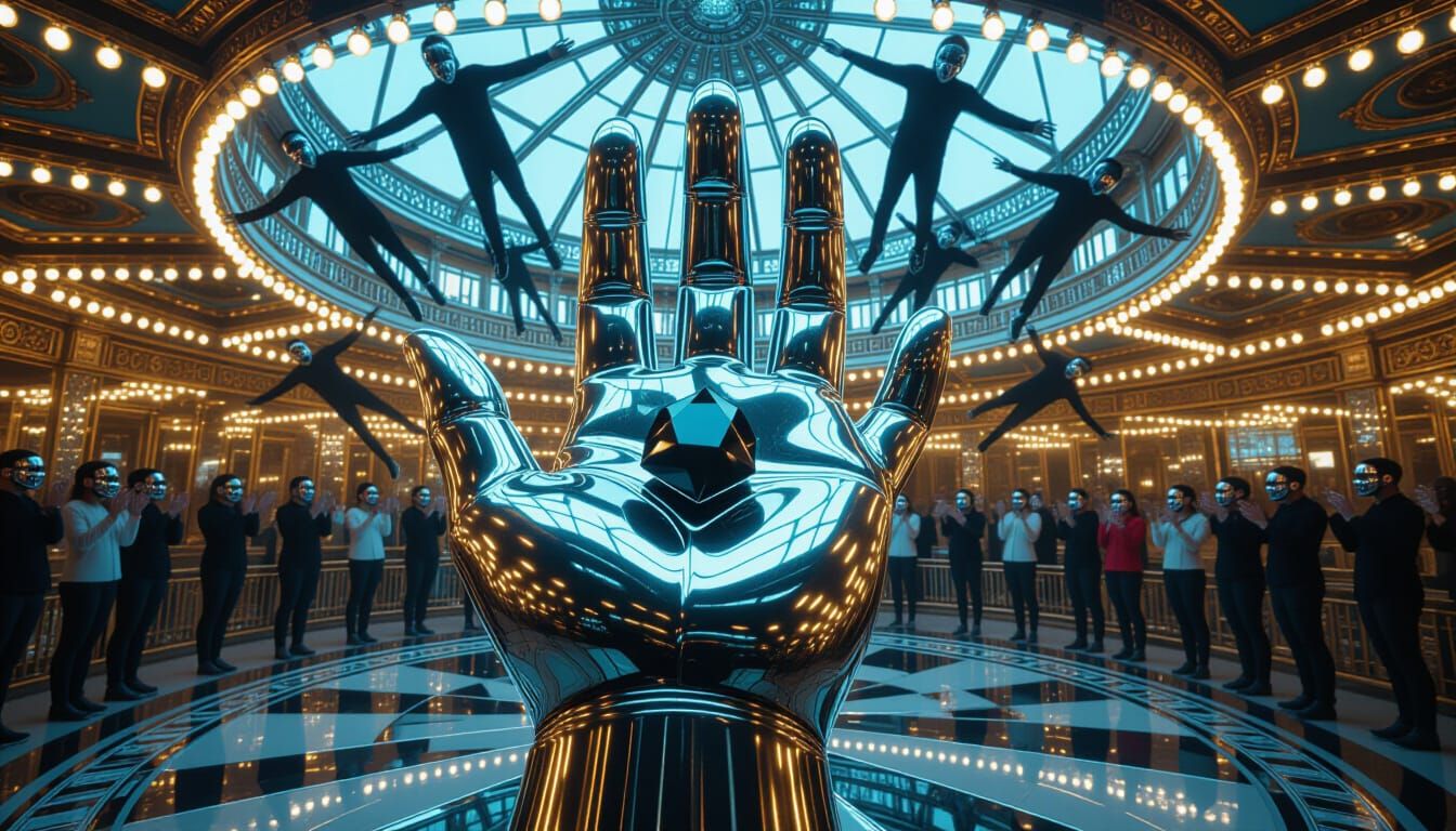 Surreal Carousel with Crystal Hand and Spinning Figures