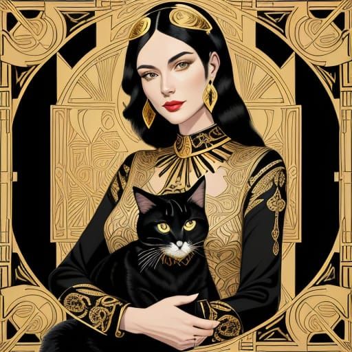 Elegant Art Deco Woman with Whimsical Feline Companion