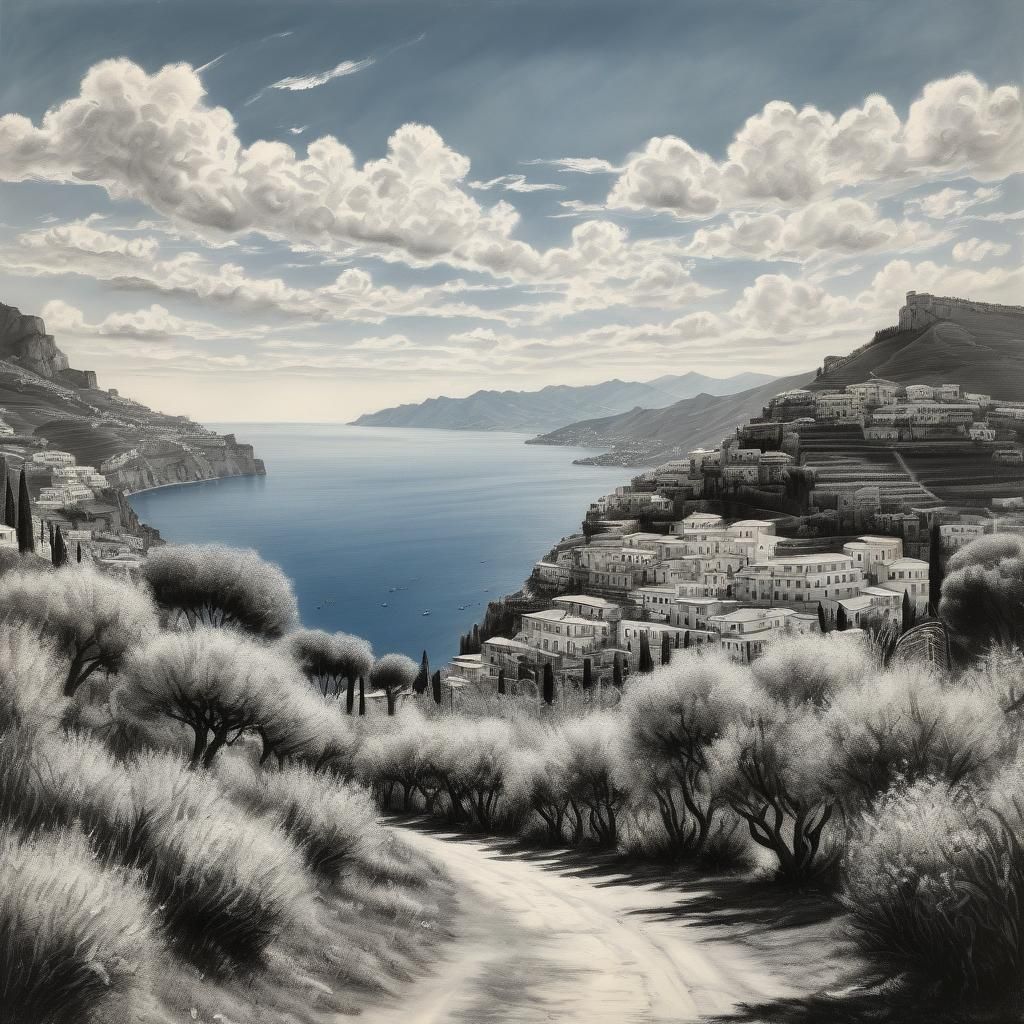 Ancient Amalfi Coast Charcoal Drawing with Citrus Groves