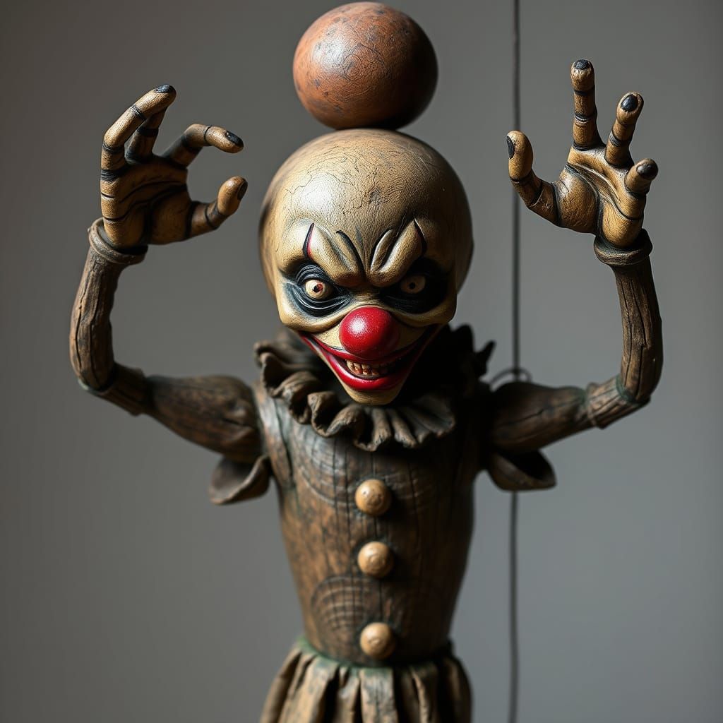 Eerie Wooden Puppet with Waving Arms and Clown Face in Ancie...