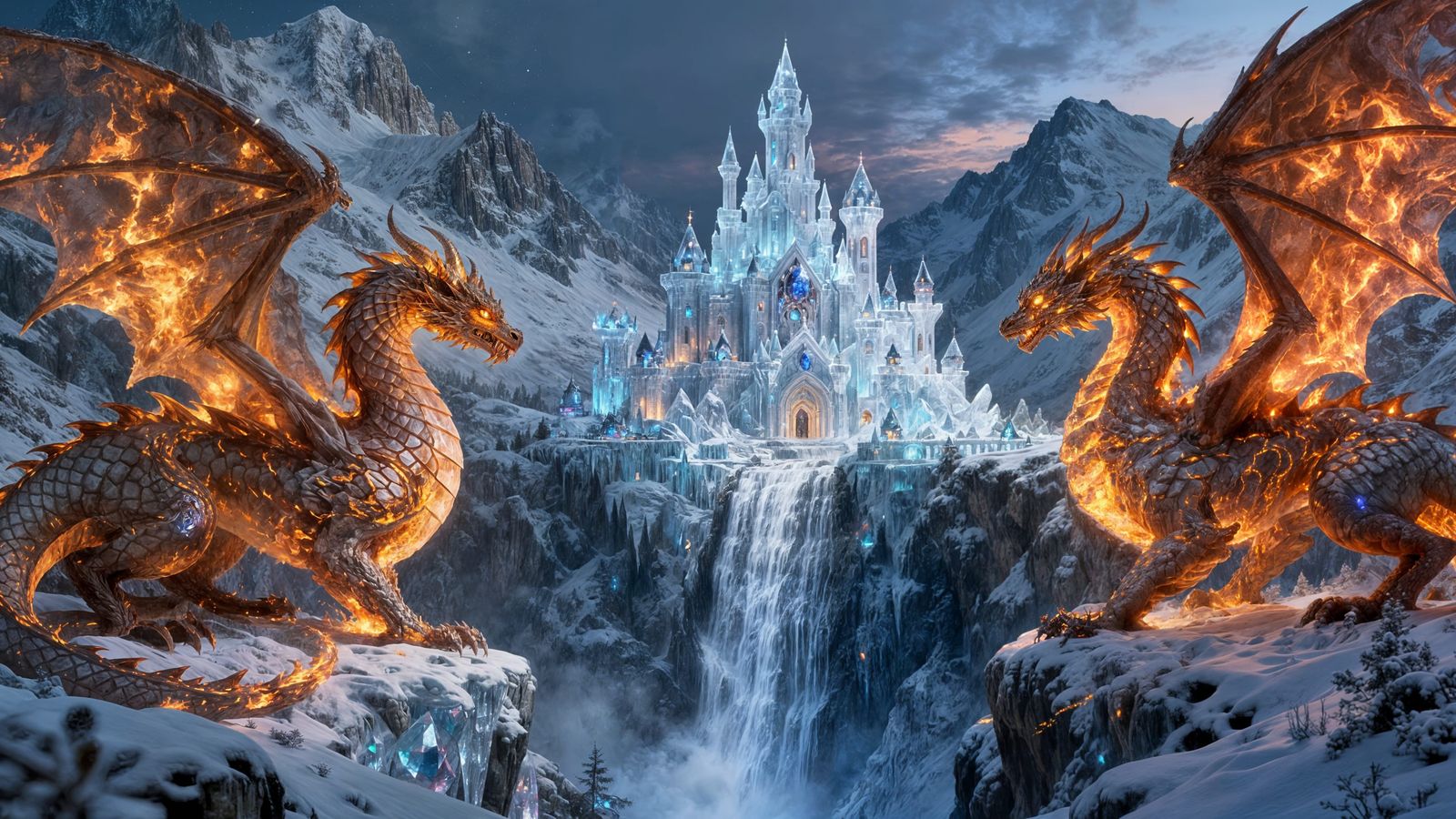 Ethereal Ice Castle with Fire Dragons