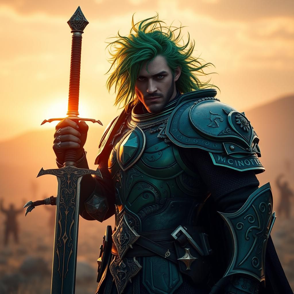 Heroic Armored Warrior with Glowing Sword at Sunrise