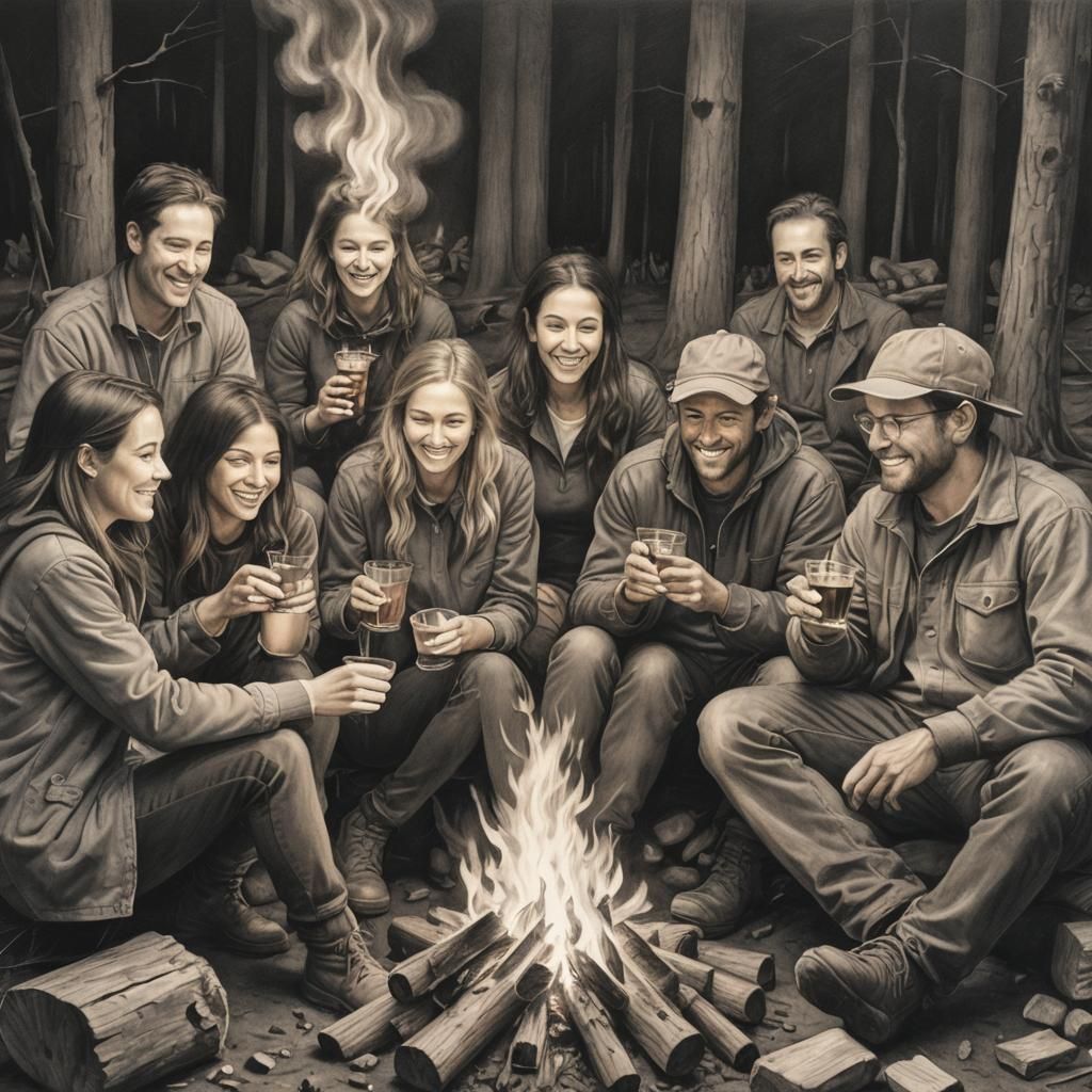 Hyperdetailed Charcoal Drawing of Friends at Campfire
