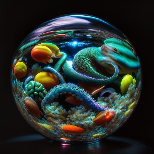 Glass Sphere Filled with Ocean and Octopus
