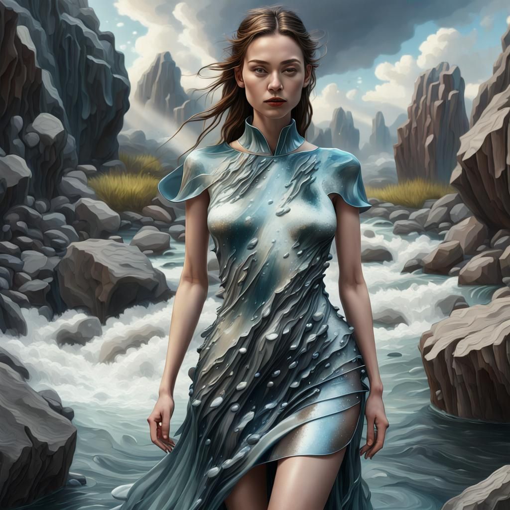Silk Dress in Metal Riverscape: Hyperrealistic Fusion