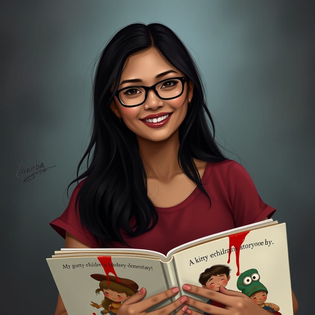 Filipina Female Figure Holding Blood-Stained Storybooks