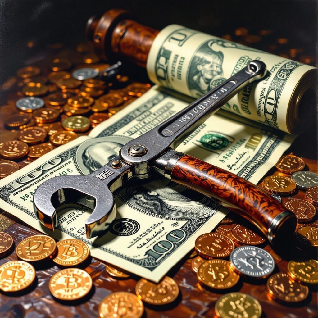Hyperrealistic Oil Painting of Pipe Wrench on Dollar Bills