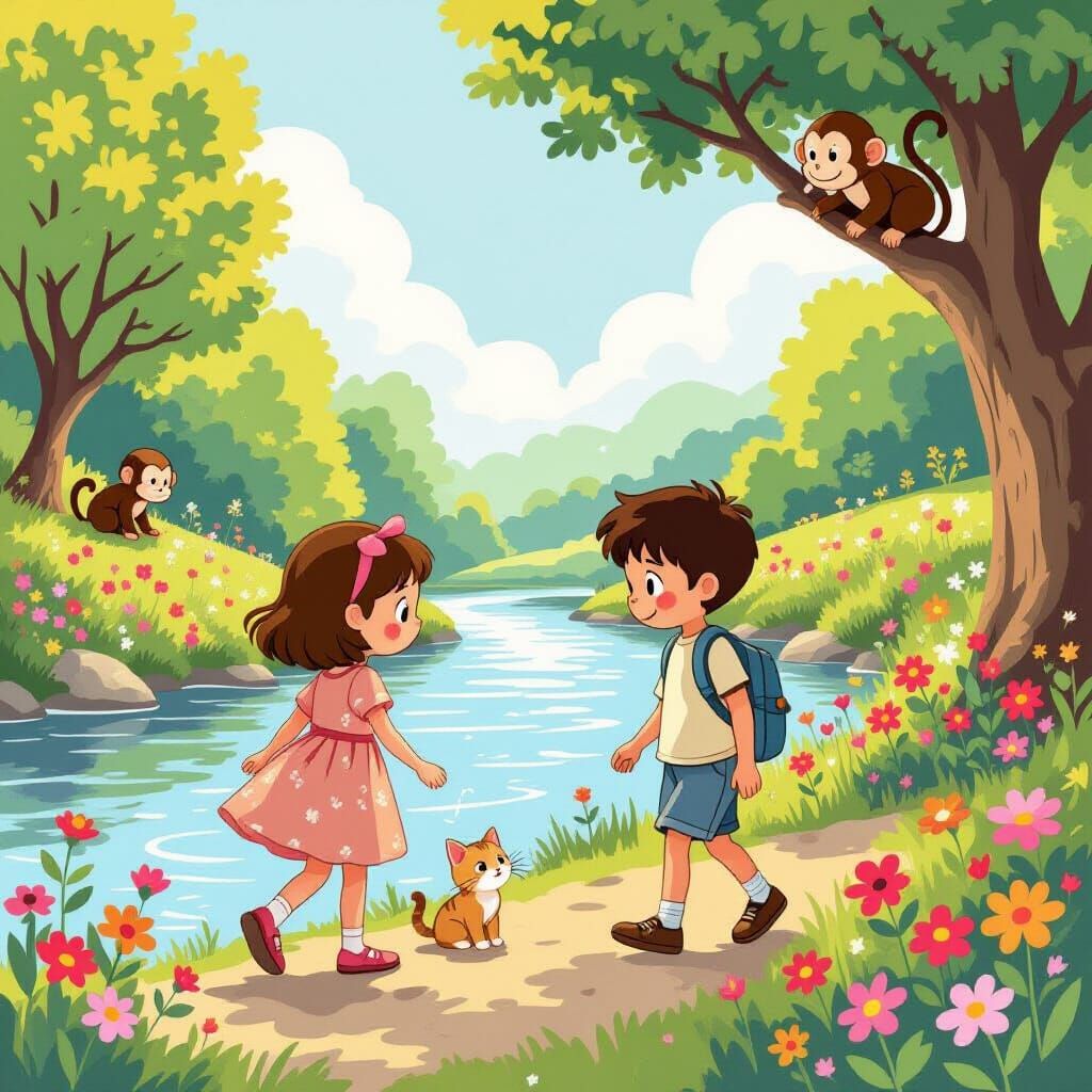 Children Rescue Kitten in Whimsical Storybook Scene