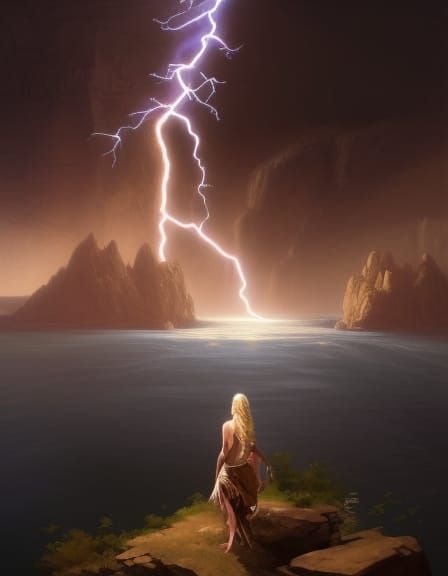 Archeologist at Cliffside Temple with Blue Lightning