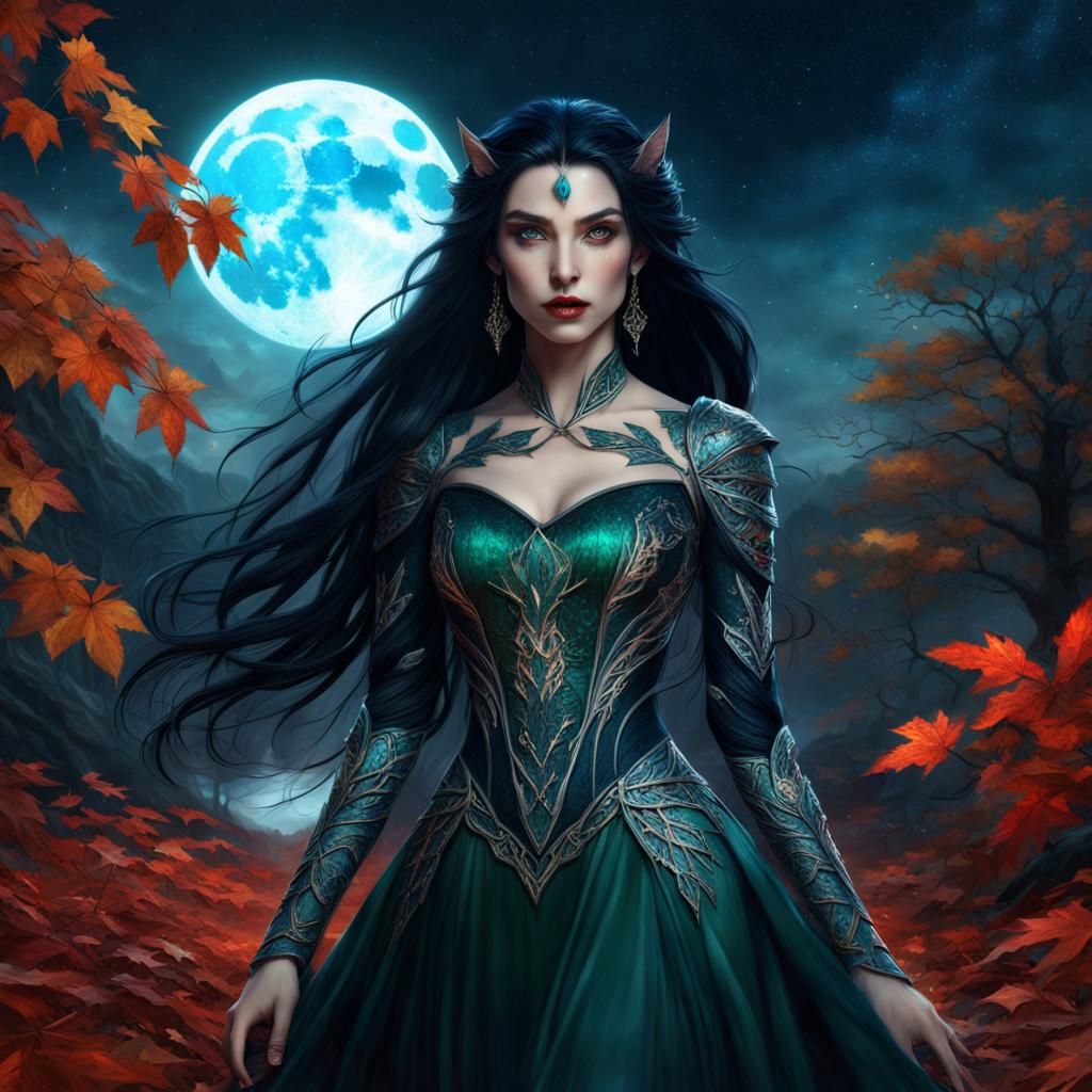 Elegant Elf with Red Tiger Under Starry Sky