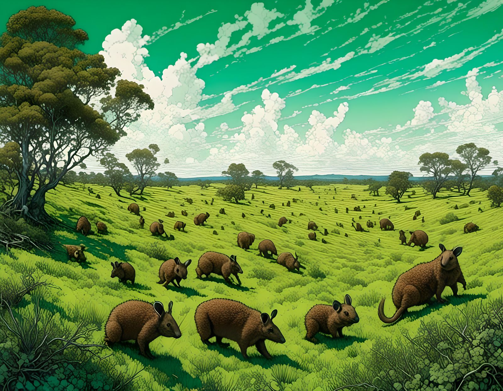 Lush Green Field with Kangaroos and Wombats