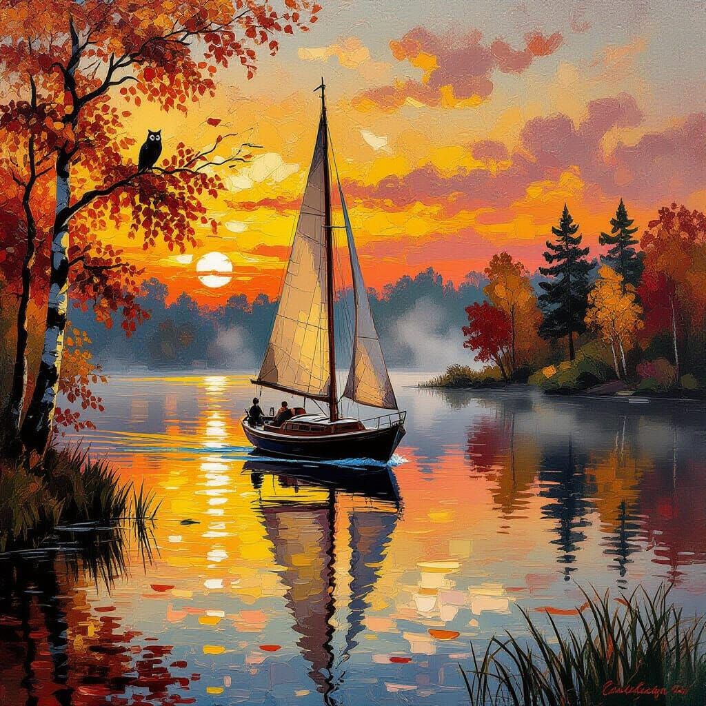 Autumn Sailboat on Lake in Post-Impressionist Style