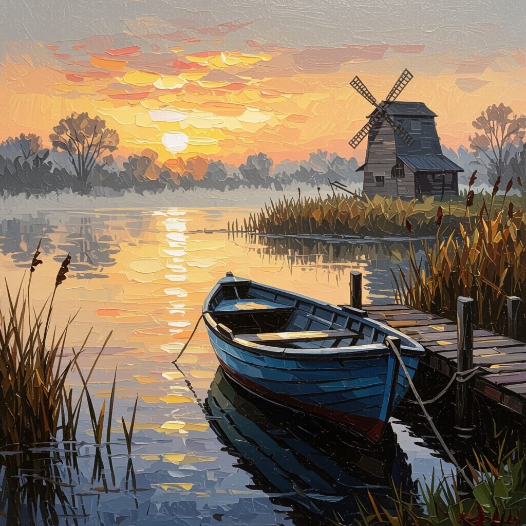Impasto Oil Painting of Rowboat at Jetty at Sunset