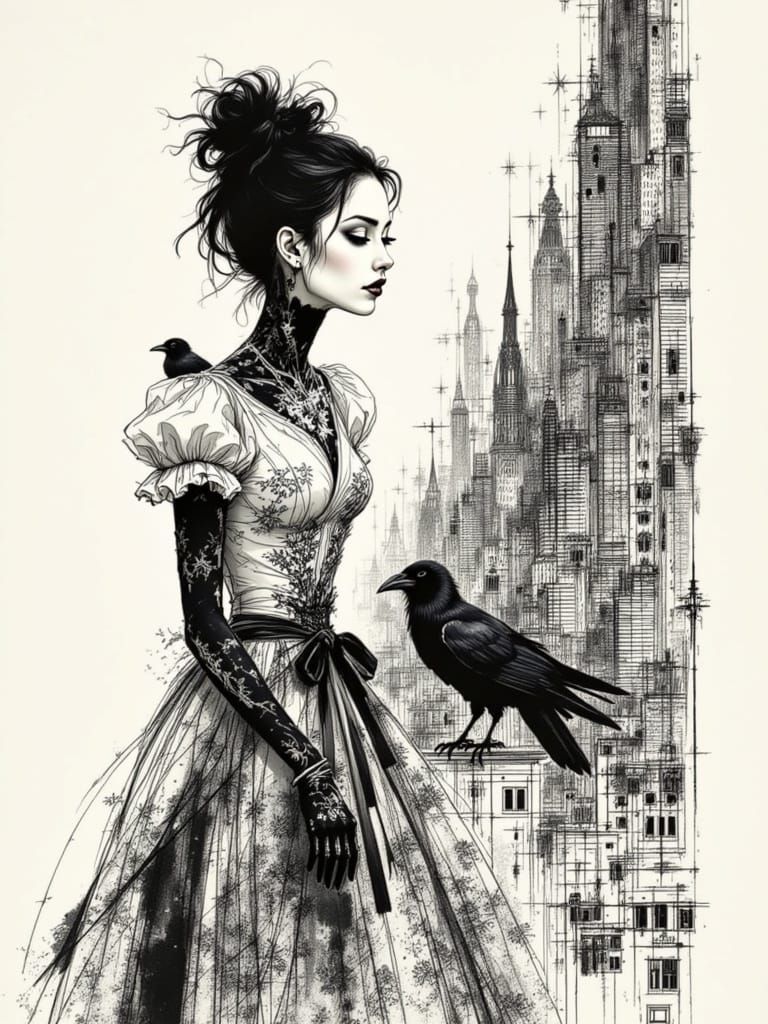 Elegant Victorian Lady in Gothic Cityscape