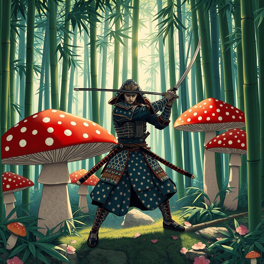 Samurai in Polka Dot Mushroom Forest, Art Nouveau Style