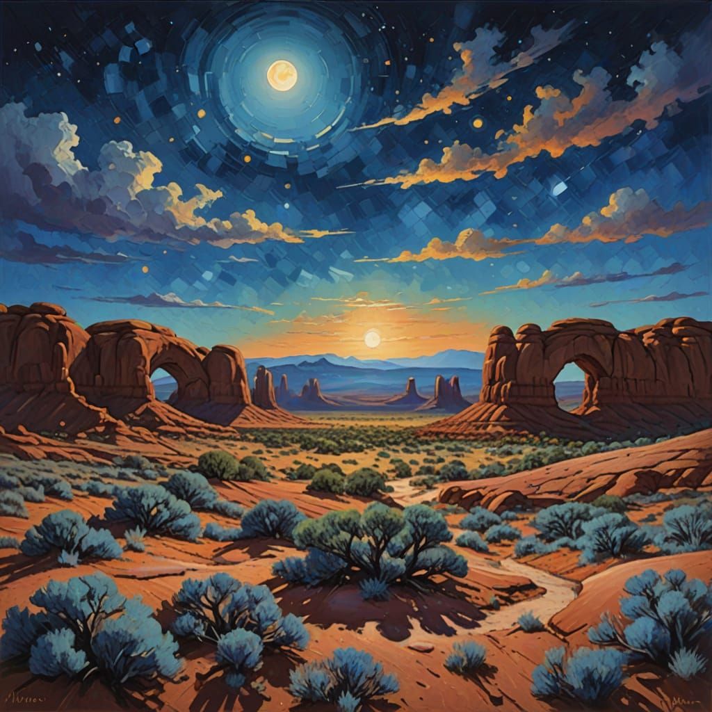 Arches National Park Under Moonlight: Impressionistic Oil Pa...