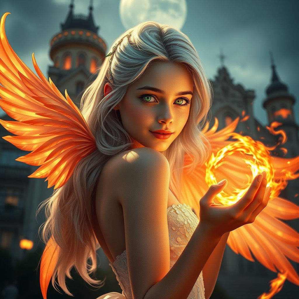 Girl Conjuring Fire Magic in Art Nouveau Style
