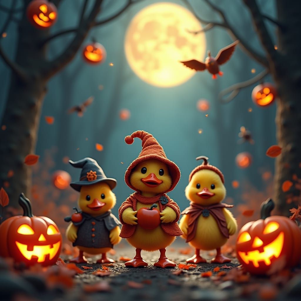 Whimsical Halloween Ducks in Moonlit Forest