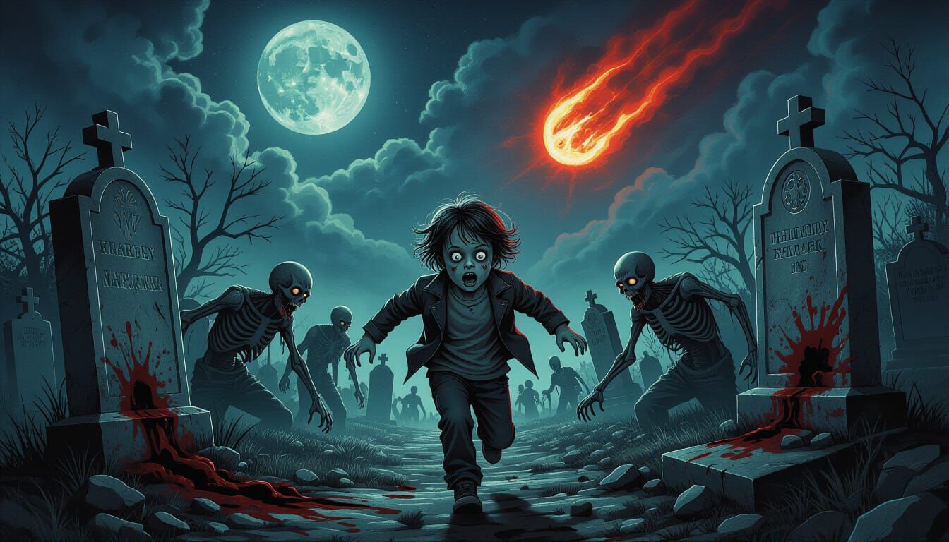 Child Flees Zombies in Moonlight Graveyard with Meteorite