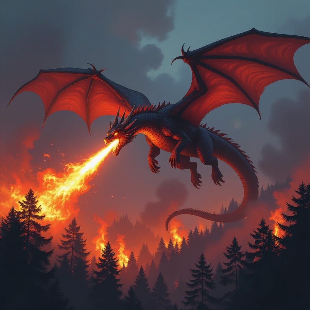 Dragon Soaring Over Burning Forest: Dystopian Realism