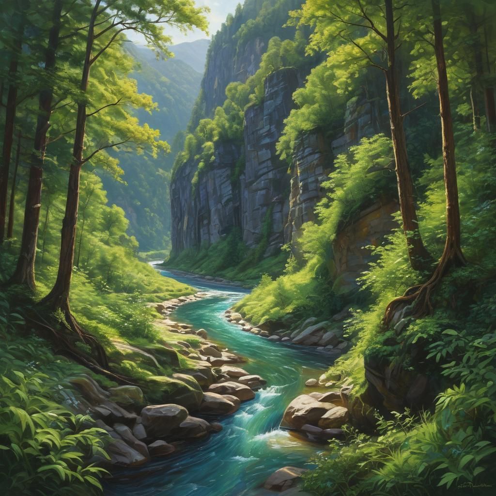 Lush Forest River Landscape in Oil Painting Style