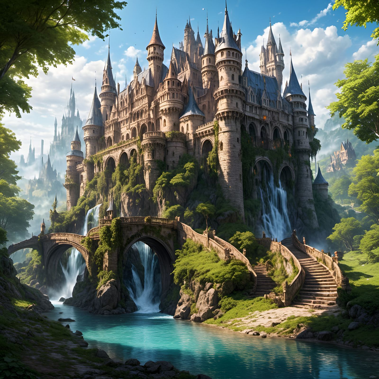 Intricate Fantasy Castle in Enchanted Forest