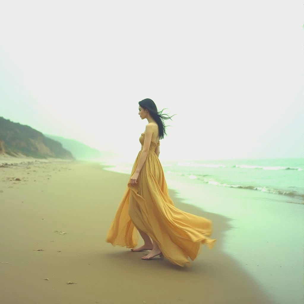 Woman on Beach in Pre-Raphaelite Dreamscape