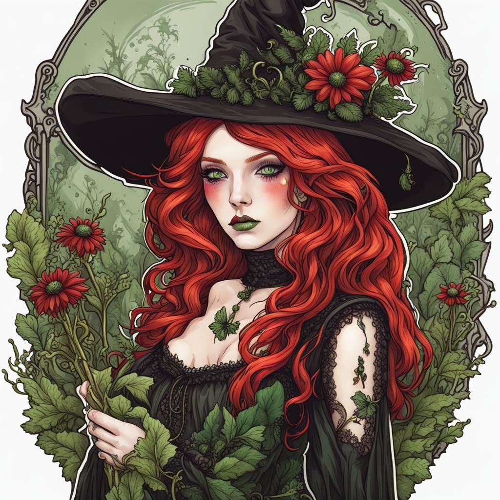 Gothic Fantasy Witch Sticker with Floral Design